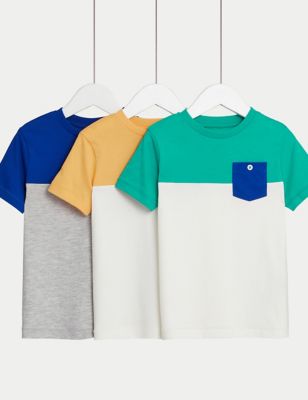 M&S Boys 3pk Pure Cotton Colourblock T-shirts (2-8 Years) - 2-3 Y - Multi, Multi