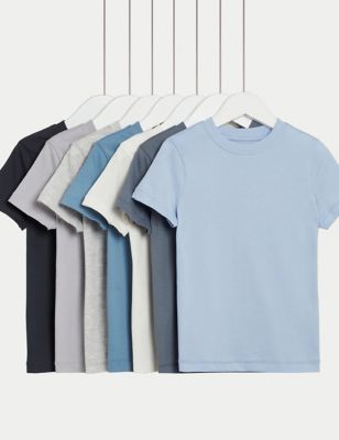 M&S 7kp Pure Cotton T-Shirts (2-8 Yrs) - 6-7 Y - Blue Mix, Blue Mix,Multi,Yellow Mix