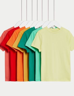 M&S 7kp Pure Cotton T-Shirts (2-8 Yrs) - 7-8 Y - Yellow Mix, Yellow Mix,Multi,Blue Mix