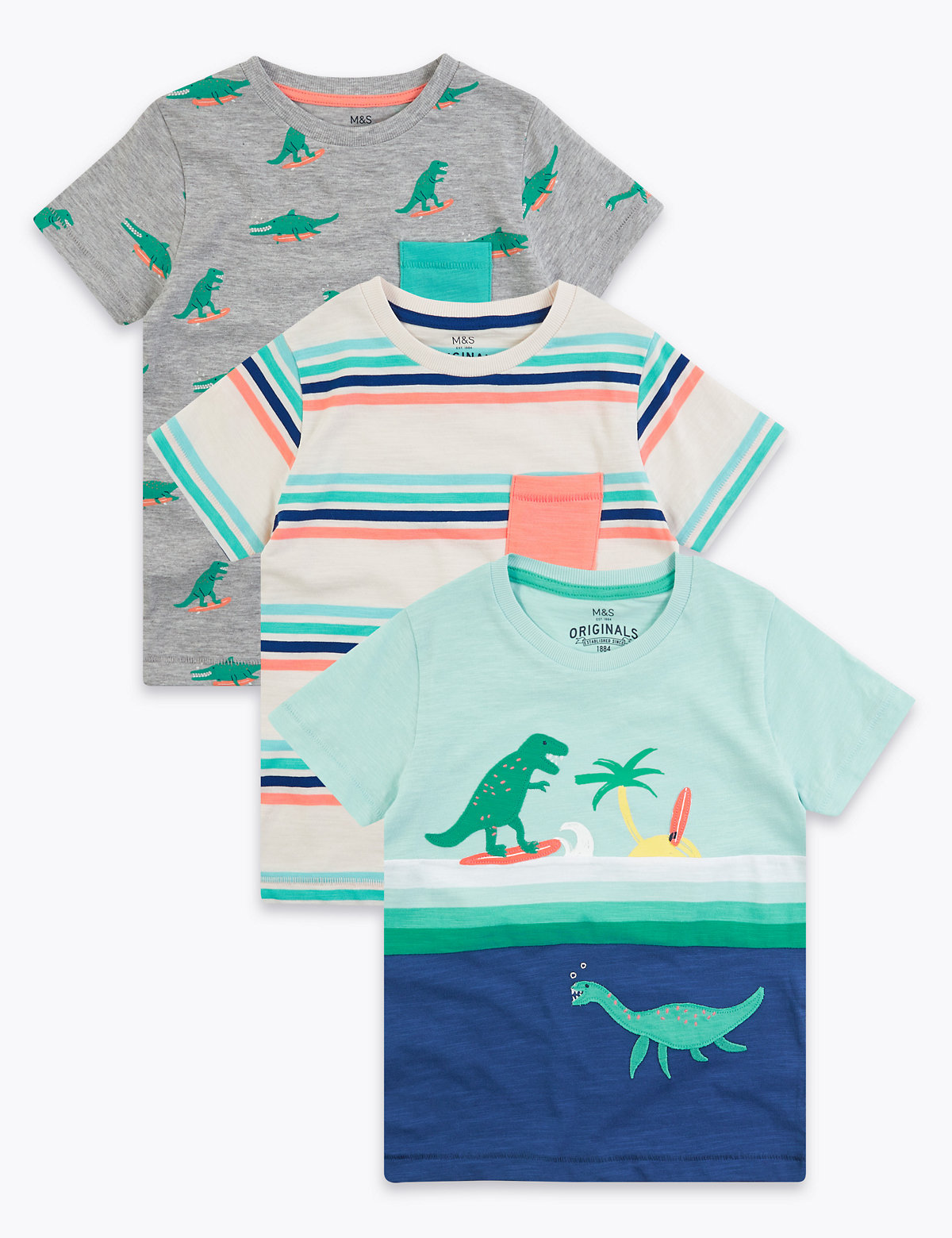3 Pack Cotton Dinosaur T-Shirts (2-7 Yrs)