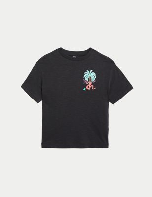 M&S Boys Pure Cotton Jungle Embroidered T-Shirt (2-8 Yrs) - 3-4 Y - Charcoal, Charcoal