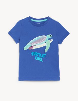 M&S Boys Pure Cotton Turtle T-Shirt (2 - 8 Yrs) - 4-5 Y - Blue Mix, Blue Mix