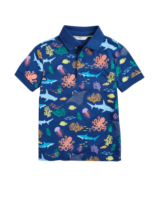 

M&S Collection Poloshirt aus reiner Baumwolle mit Meerestiermuster (2-7 J.) - Blue Mix, Blue Mix