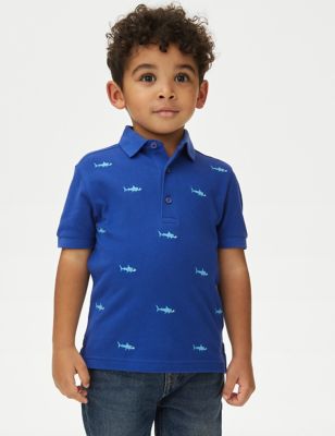 M&S Boy's Pure Cotton Shark Embroidered Polo Shirt (2-8 Yrs) - 3-4 Y - Cobalt, Cobalt