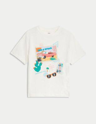 M&S Boys Pure Cotton Postcard T-Shirt (2-8 Yrs) - 3-4 Y - White Mix, White Mix