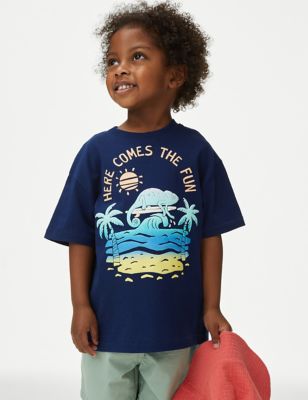 M&S Boys Pure Cotton Ombre Beach Graphic T-Shirt (2-8 Yrs) - 2-3 Y - Navy, Navy