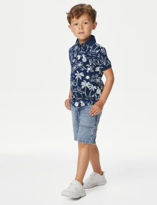 

M&S Collection Poloshirt aus reiner Baumwolle mit tropischem Muster (2-8 Jahre) - Indigo Mix, Indigo Mix
