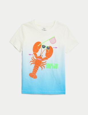 M&S Boy's Pure Cotton Lobster Graphic T-Shirt (3-8 Yrs) - 7-8 Y - Blue Mix, Blue Mix