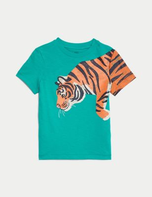 M&S Boys Pure Cotton Tiger Graphic T-Shirt (2-8 Yrs) - 2-3 Y - Green, Green