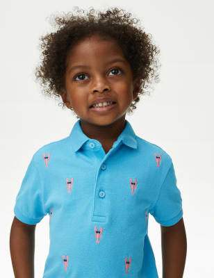 M&S Boy's Pure Cotton Lobster Embroidered Polo Shirt (2-8 Yrs) - 3-4 Y - Blue, Blue