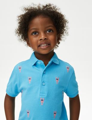 M&S Boys Pure Cotton Lobster Embroidered Polo Shirt (2-8 Yrs) - 3-4 Y - Blue, Blue