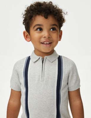 M&S Boys Pure Cotton Striped Knitted Polo Shirt (2-8 Yrs) - 3-4 Y - Grey Mix, Grey Mix