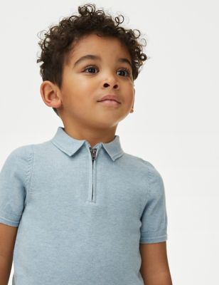 M&S Boys Pure Cotton Knitted Polo Shirt (2-8 Yrs) - 3-4 Y - Light Blue, Light Blue,Dusty Pink