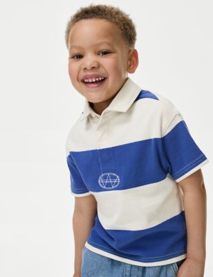 M&S Boy's Pure Cotton Striped Rugby Shirt (2-8 Yrs) - 2-3 Y - Bright Blue Mix, Bright Blue Mix,Soft 