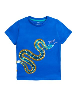 Boys M&S Collection Pure Cotton Reversible Sequin Snake T-Shirt (2-7 Yrs) - Royal Blue