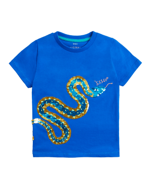 Boys M&S Collection Pure Cotton Reversible Sequin Snake T-Shirt (2-7 Yrs) - Royal Blue