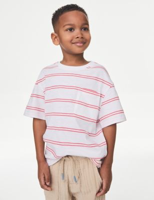M&S Boys Pure Cotton Striped T-Shirt (2-8 Yrs) - 3-4 Y - Red Mix, Red Mix