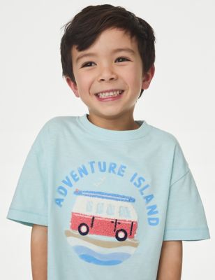 M&S Boys Pure Cotton Adventure Island T-Shirt (2-8 Yrs) - 3-4 Y - Light Turquoise, Light Turquoise