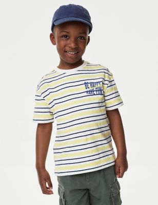 M&S Boy's Pure Cotton Striped Slogan T-Shirt (2-8 Yrs) - 2-3 Y - Yellow Mix, Yellow Mix