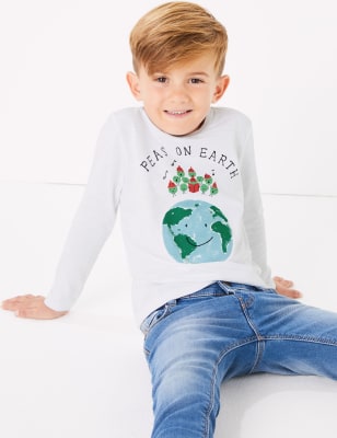 Top en coton avec texte &laquo;&nbsp;Peas On Earth&nbsp;&raquo; (du 3&nbsp;mois au 7&nbsp;ans)