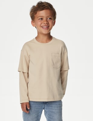 

M&S Collection Top de manga doble 100% algodón (2-8 años) - Stone, Stone