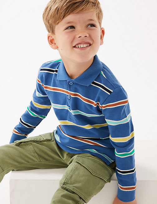 Marks And Spencer Boys M&S Collection Pure Cotton Striped Polo Shirt (2-7 Yrs) - Blue Mix