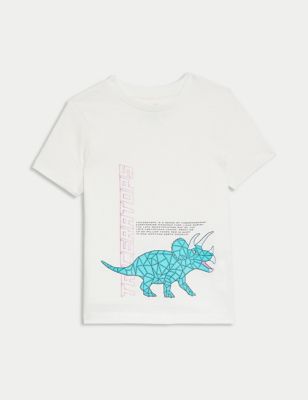M&S Pure Cotton Dinosaur T-Shirt (2-8 Yrs) - 2-3 Y - White Mix, White Mix