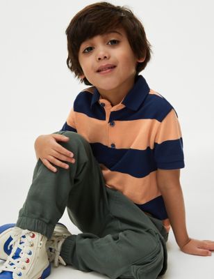 M&S Boys Pure Cotton Striped Polo Shirt (2-8 Yrs) - 2-3 Y - Orange Mix, Orange Mix,Blue Mix