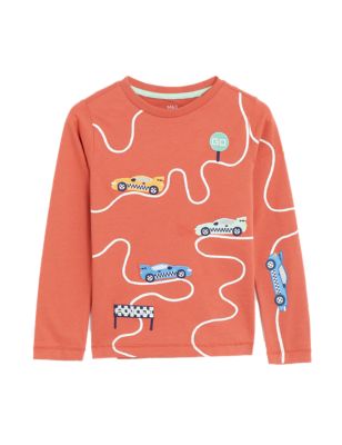 Boys M&S Collection Pure Cotton Racing Car Top (2-8 Yrs) - Orange Mix