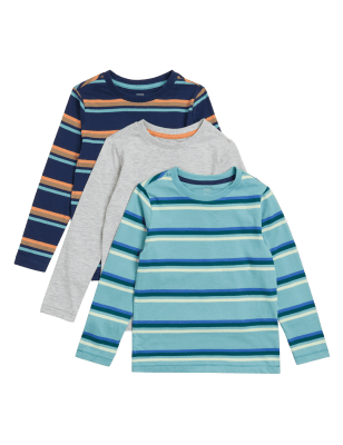 

M&S Collection 3er-Pack Oberteile mit hohem Baumwollanteil, einfarbig und mit Streifen-Muster (2-7 J.) - Multi, Multi