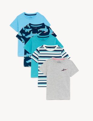 

M&S Collection Pack de 5 camisetas de algodón con estampado de tiburones (2-8 años) - Multi, Multi