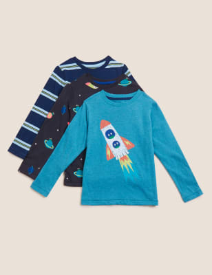 

M&S Collection Pack de 3 tops de algodón con diseño del espacio (2-7 años) - Blue Mix, Blue Mix