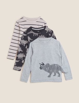 

M&S Collection Pack de 3 tops de algodón con diseño de dinosaurios (2-7 años) - Multi, Multi