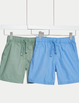 M&S Boys 2pk Pure Cotton Ripstop Shorts (2-8 Yrs) - 3-4 Y - Blue Mix, Blue Mix,Multi/Neutral,Red Mix