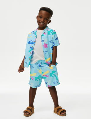 M&S Boys Pure Cotton Holiday Print Shorts (2-8 Yrs) - 2-3 Y - Aqua Mix, Aqua Mix