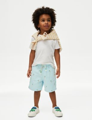 M&S Boy's Pure Cotton Palm Tree Shorts (2-8 Yrs) - 7-8 Y - Light Turquoise, Light Turquoise