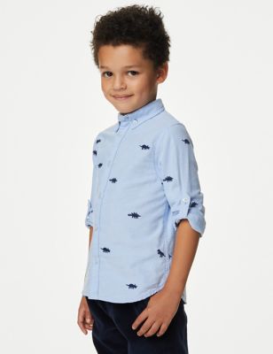 M&S Boy's Pure Cotton Dino Embroidered Oxford Shirt (2-8 Yrs) - 2-3 Y - Blue Mix, Blue Mix