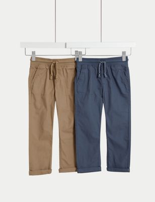 M&S Boys 2pk Pure Cotton Trousers (2-8 Yrs) - 4-5 Y - Brown Mix, Brown Mix