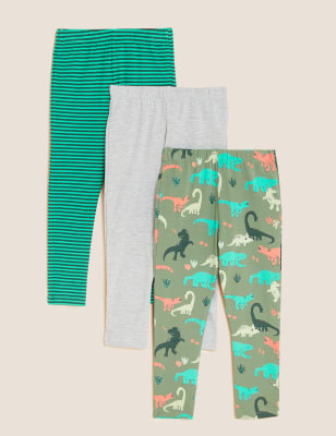 Marks And Spencer Boys M&S Collection 3pk Cotton Rich Dinosaur Print Leggings (2-7 Yrs) - Multi