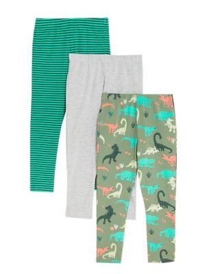 Boys M&S Collection 3pk Cotton Rich Dinosaur Print Leggings (2-7 Yrs) - Multi