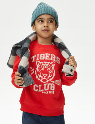 M&S Boys Cotton Rich Tiger Sweatshirt (2-8 Yrs) - 2-3 Y - Red, Red