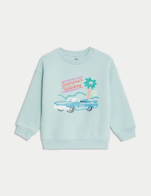 M&S Cotton Rich Summer Car Sweatshirt (2-8 Yrs) - 2-3 Y - Light Blue, Light Blue