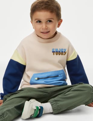 M&S Boys Cotton Rich Colour Block Sweatshirt (2-8 Yrs) - 3-4 Y - Cream Mix, Cream Mix