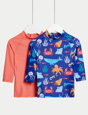 2pk Sea Print and Plain Rash Vests (2-8 Years)