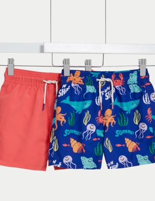 M&S Boys 2pk Underwater Print Swim Shorts (2-8 Yrs) - 2-3 Y - Coral Mix, Coral Mix