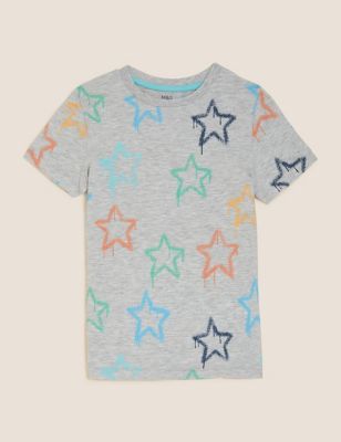 חולצת טי מבד עשיר בכותנה עם הדפס כוכב (2-‏7 שנים) - IL