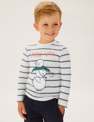 

M&S Collection Oberteil aus reiner Baumwolle mit Streifen und Schneemann (2-7 Jahre) - White Mix, White Mix