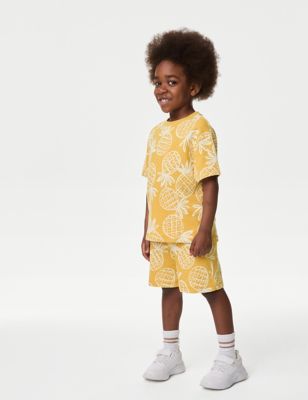 M&S Boys 2pc Pure Cotton Pineapple Outfit (2-8 Yrs) - 3-4 Y - Yellow, Yellow,Charcoal