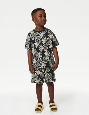 M&S Boys 2pc Pure Cotton Pineapple Outfit (2-8 Yrs) - 3-4 Y - Charcoal, Charcoal,Yellow