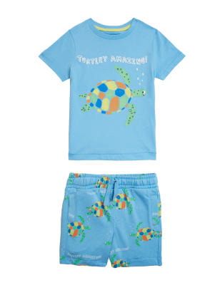 

M&S Collection Conjunto de parte de arriba y de abajo de algodón con diseño de tortugas (2-7 años) - Blue Mix, Blue Mix